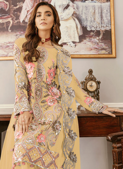 Attractive Yellow Net Embroidered Work Designer Pakistani Suit
