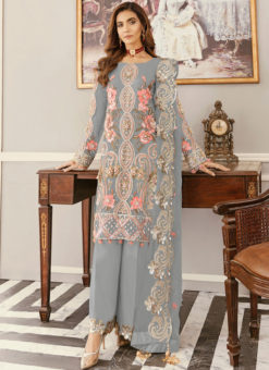 Wonderful Grey Net Embroidered Work Designer Pakistani Suit