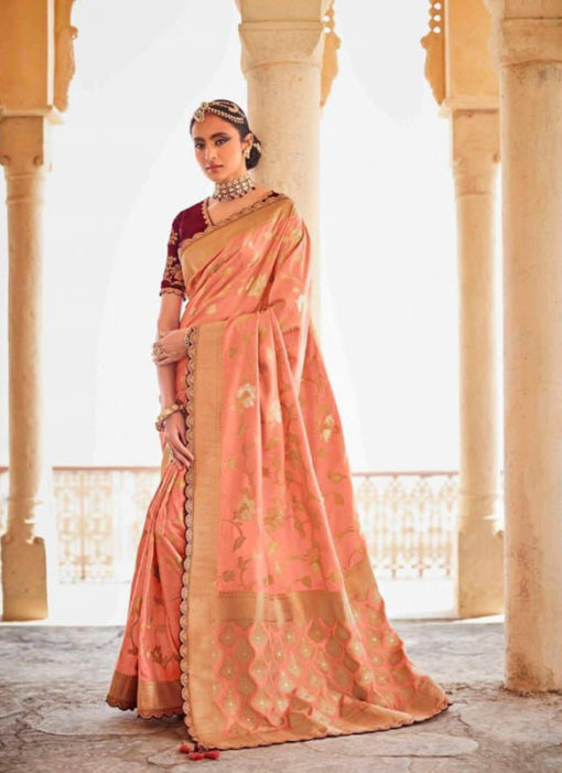Peach Dola Silk Zari Weaving Wedding Saree