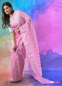 Pink Georgette Designer Silver Zari Thread Work Saree
