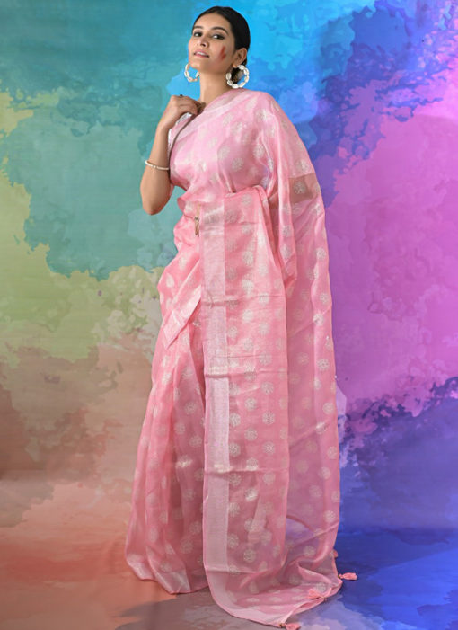 Baby Pink Georgette Designer Silver Zari Thread Work Saree
