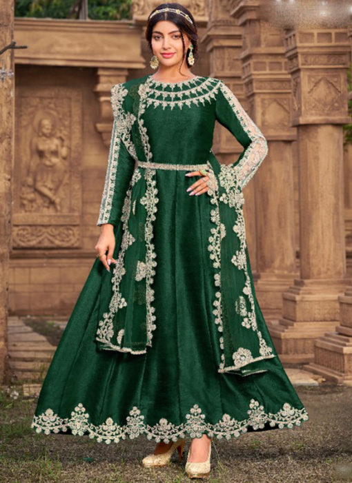 Green Super Silk Designer Embroidered Work Ankle Length Anarkali Salwar Kameez