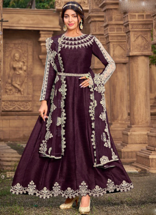 Purple Super Silk Designer Embroidered Work Ankle Length Anarkali Salwar Kameez