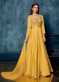 Yellow Modal Satin Mirror And Embroidered Work Party Wear Gown