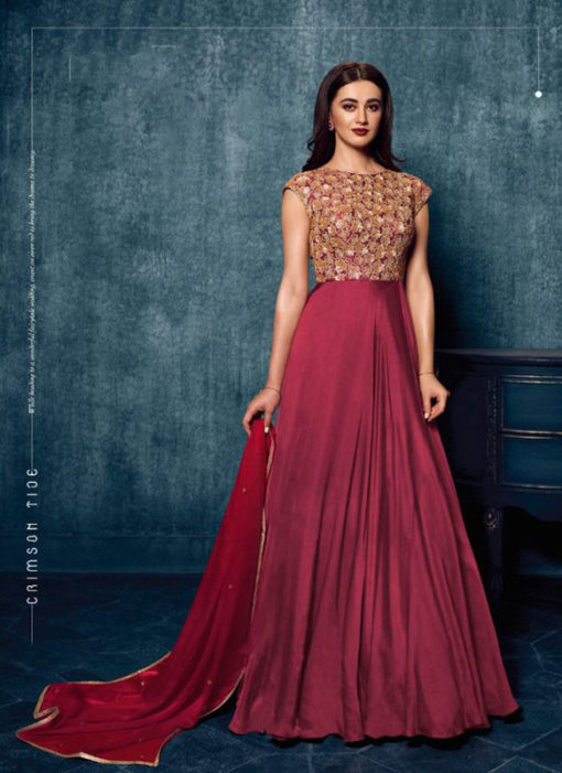 Magenta Modal Satin Mirror And Embroidered Work Party Wear Gown