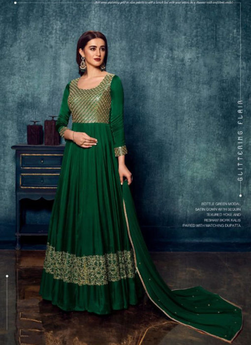Bottel Green Modal Satin Mirror And Embroidered Work Party Wear Gown