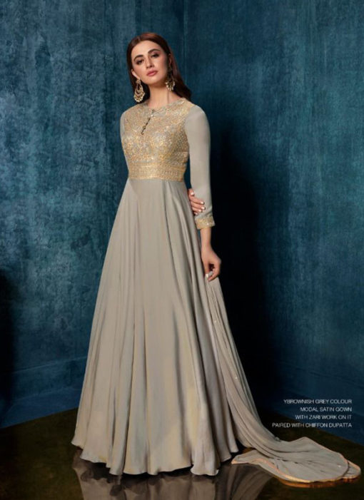 Grey Modal Satin Mirror And Embroidered Work Party Wear Gown