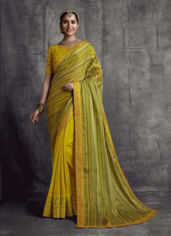 Lemon Yellow Fancy Fabric Party Wear Lace Border Designer Saree