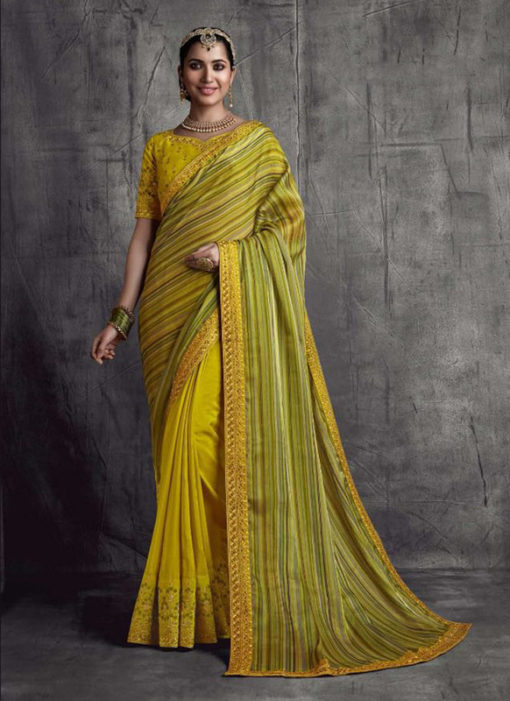 Lemon Yellow Fancy Fabric Party Wear Lace Border Designer Saree