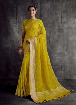 Yellow Fancy Fabric Party Wear Lace Border Designer Saree