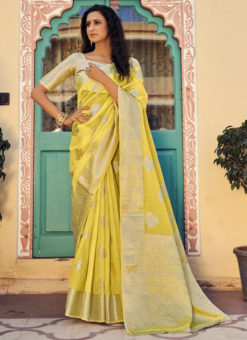 Yellow Soft Crystal Linen Silk With Silver Weaving Party Wear Saree