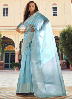 Sky Blue Soft Crystal Linen Silk With Silver Weaving Party Wear Saree