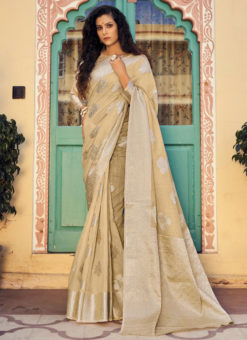 Cream Soft Crystal Linen Silk With Silver Weaving Party Wear Saree