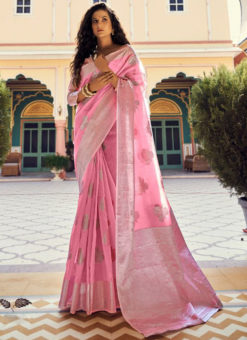 Pink Soft Crystal Linen Silk With Silver Weaving Party Wear Saree