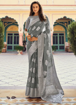 Grey Soft Crystal Linen Silk With Silver Weaving Party Wear Saree
