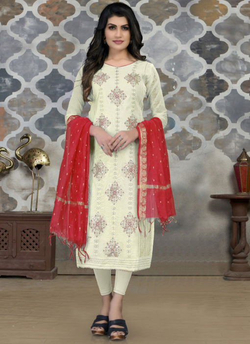 Off White Chanderi Embroidered Work Party Wear Churidar Suit