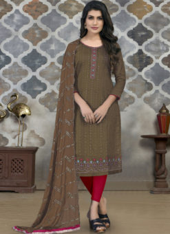 Coffee Cotton Embroidered Work Party Wear Churidar Suit