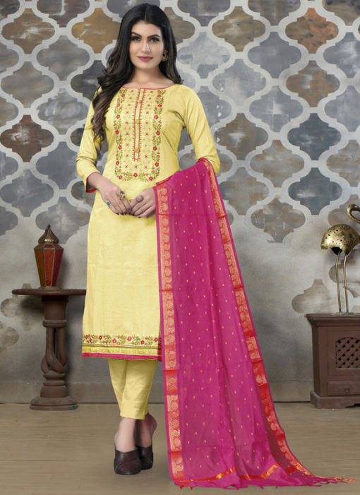 Yellow Cotton Embroidered Work Party Wear Churidar Suit