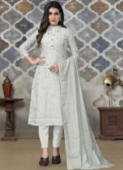 Light Grey Chanderi Embroidered Work Party Wear Churidar Suit