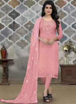Pink Chanderi Embroidered Work Party Wear Churidar Suit