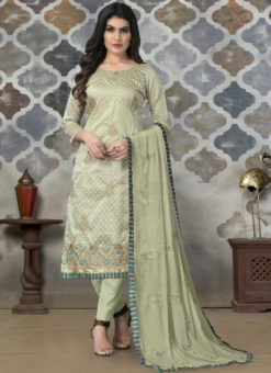 Light Green Chanderi Embroidered Work Party Wear Churidar Suit