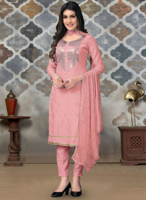 Pink Chanderi Embroidered Work Party Wear Churidar Suit