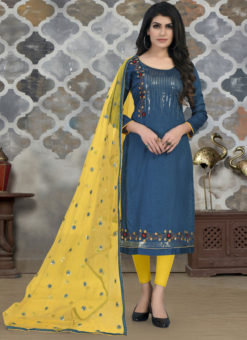 Blue Cotton Embroidered Work Party Wear Churidar Suit