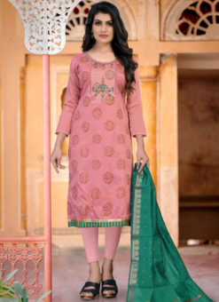 Pink Chanderi Silk Embroidered Work Party Wear Churidar Suit