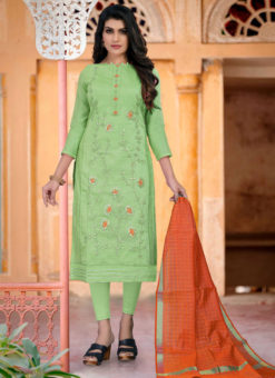 Green Chanderi Silk Embroidered Work Party Wear Churidar Suit