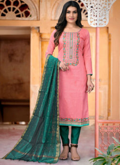 Pink Chanderi Silk Embroidered Work Party Wear Churidar Suit