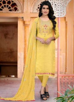 Yellow Chanderi Silk Embroidered Work Party Wear Churidar Suit