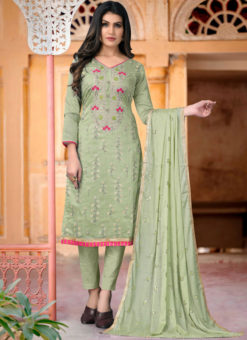 Light Green Chanderi Silk Embroidered Work Party Wear Churidar Suit