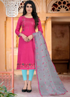 Pink Embroidered Work Party Wear Chanderi Silk Churidar Suit