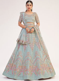 Turquoise Blue Designer Butterfly Net Embroidered Work Wedding Lehenga Choli