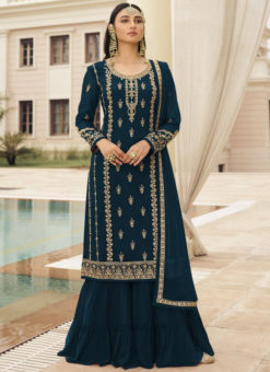 Amazing Teal Blue Georgette Designer Embroidered Work Palazzo Suit