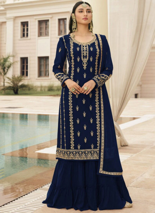 Beautiful Blue Georgette Designer Embroidered Work Palazzo Suit