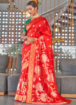Lovely Red Art Silk Jacquard Weaving Design Party Wear Saree