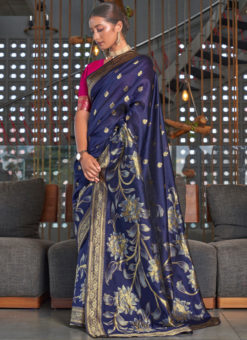 Attractive Navy Blue Art Silk Jacquard Weaving Design Party Wear Saree
