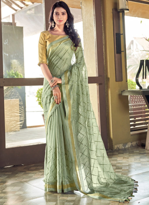 Lovely Green Multi Sequence Party Wear Cotton Saree