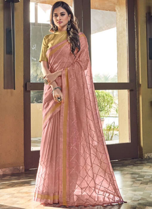 Attractive Pink Multi Sequence Designer Cotton Saree