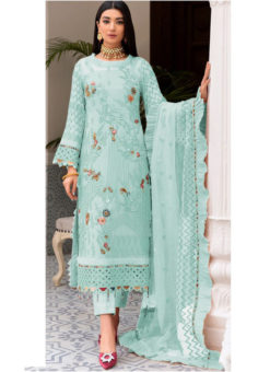 Georgette Sky Blue Embroidered Work Designer Pakistani Suit