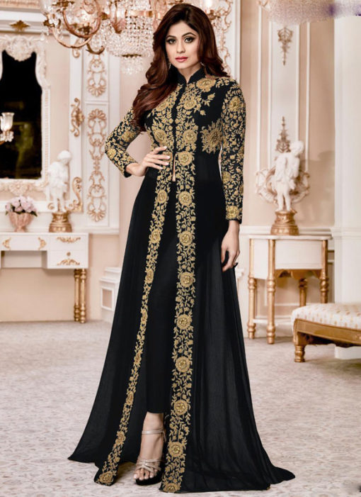 Shamita Shetty Black Designer Embroidered Work Party Wear Georgette Anarkali Suit