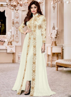 Shamita Shetty White Designer Embroidered Work Party Wear Georgette Anarkali Suit