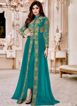 Shamita Shetty Sea Green Designer Embroidered Work Party Wear Georgette Anarkali Suit
