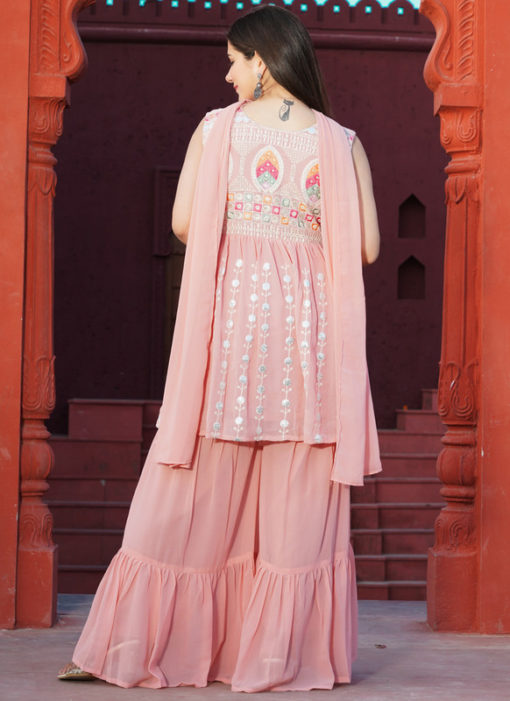 Pink Designer Embroidered Work Faux Georgette Readymade Sharara Salwar Suit