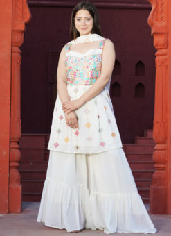 White Designer Embroidered Work Faux Georgette Readymade Sharara Salwar Suit