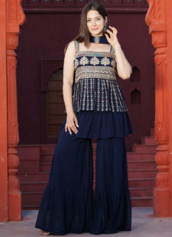 Blue Faux Georgette Designer Embroidered Work Readymade Sharara Salwar Suit
