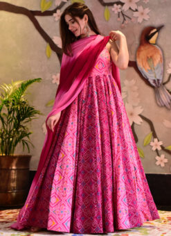 Pink Silk Cotton Digital Printed Party Wear Floor Length Gown