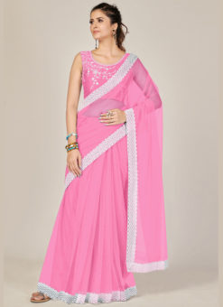 Pink Net Fancy Lace Border With Emboridered Work Designer Saree