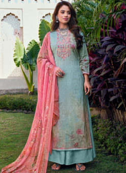 Turquoise Casual Thread Work With Digital Printed Cotton Palazzo Salwar Kameez